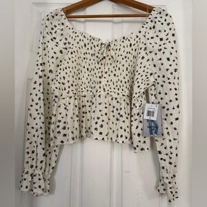 Celebrity Pink Cream Floral Smocked Babydoll Top with Black Print